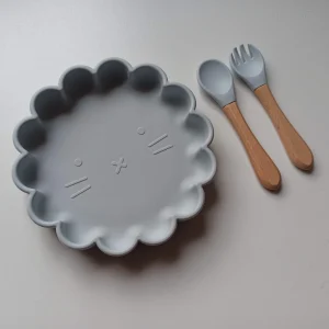 Set repas bébé Fleur et couverts personnalisés Bleu dragée