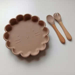 Set repas bébé Fleur et couverts personnalisés Taupe