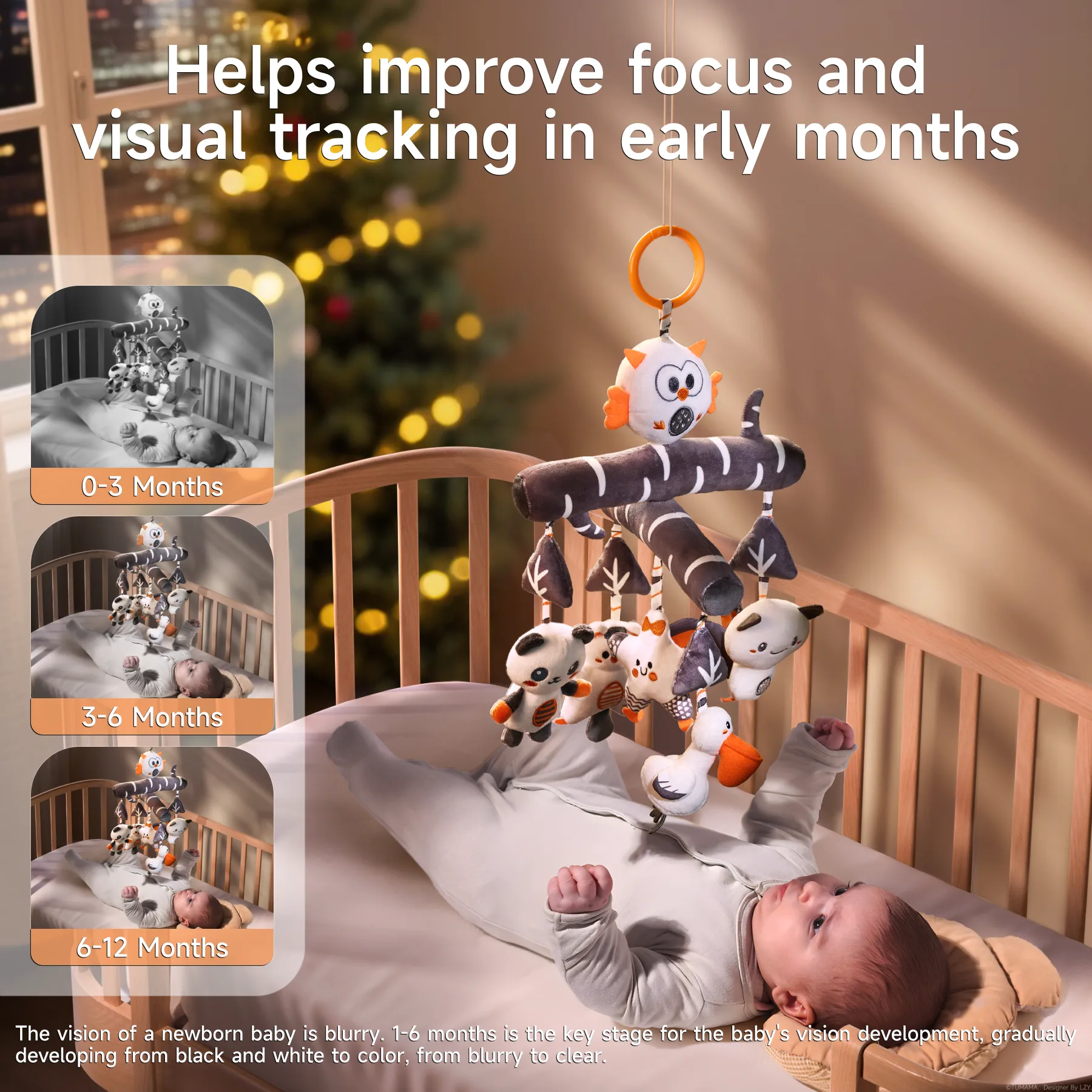 Mobile à suspendre noir et blanc pour stimulation sensorielle (Hochet intégré) – Image 4