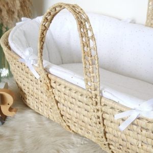 Couffin double gaze de coton blanc à pois dorés