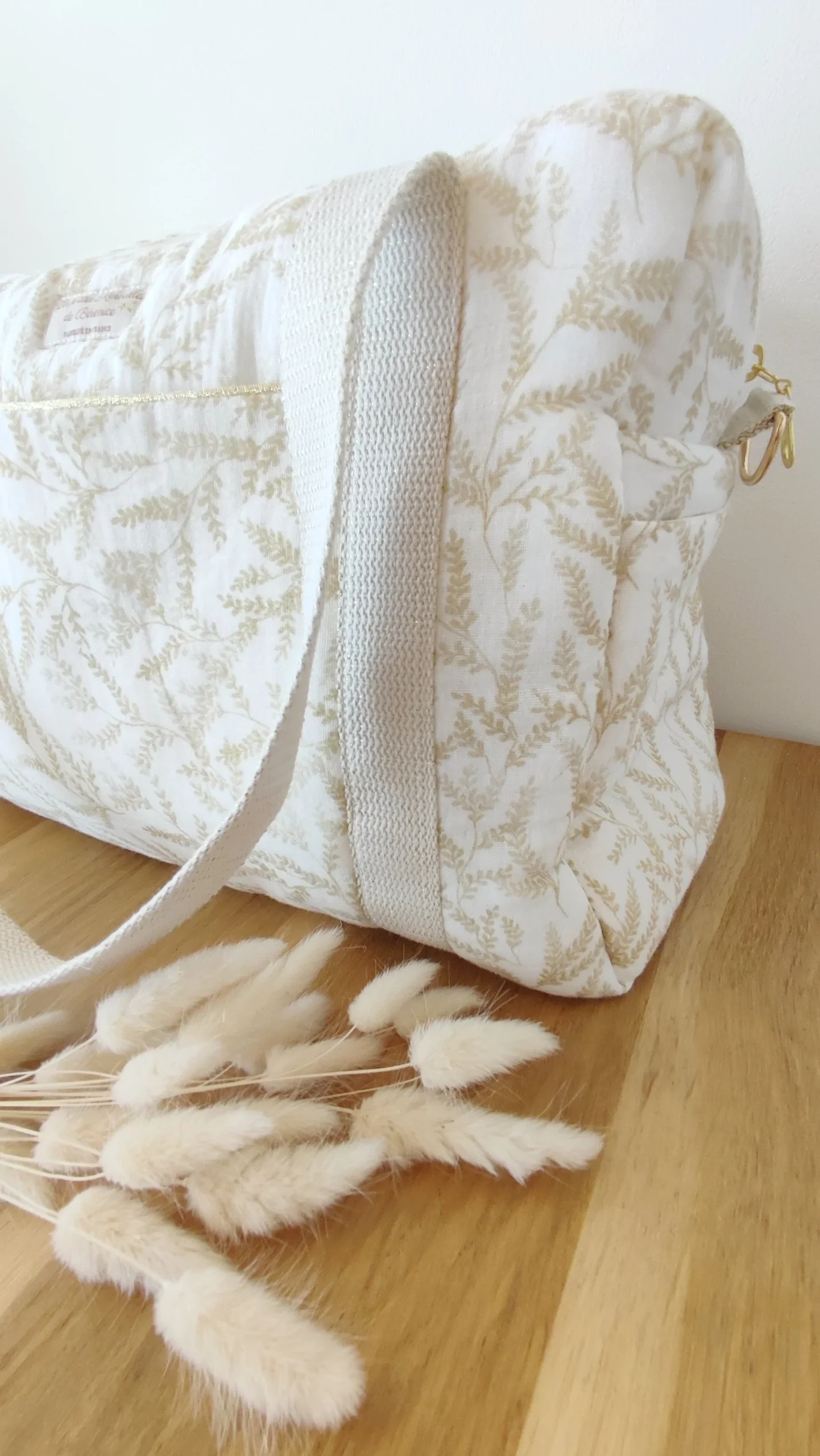 Sac à langer / balade / week-end "branchages" en double gaze de coton BIO beige et blanc – Image 6