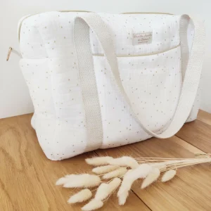Sac à langer / balade / week-end en double gaze de coton blanc pois dorés doublé coton BIO