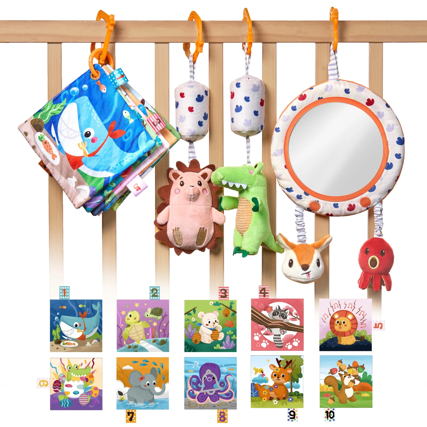 Ensemble de jouets pour bébé – Miroir, hochet et livre bruissant