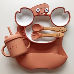 Set repas bébé Crabe terracotta et couverts personnalisés