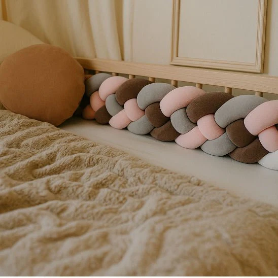 Tresse de lit 4 brins – Tour de lit bébé sécurisé rose gris marron – Image 3